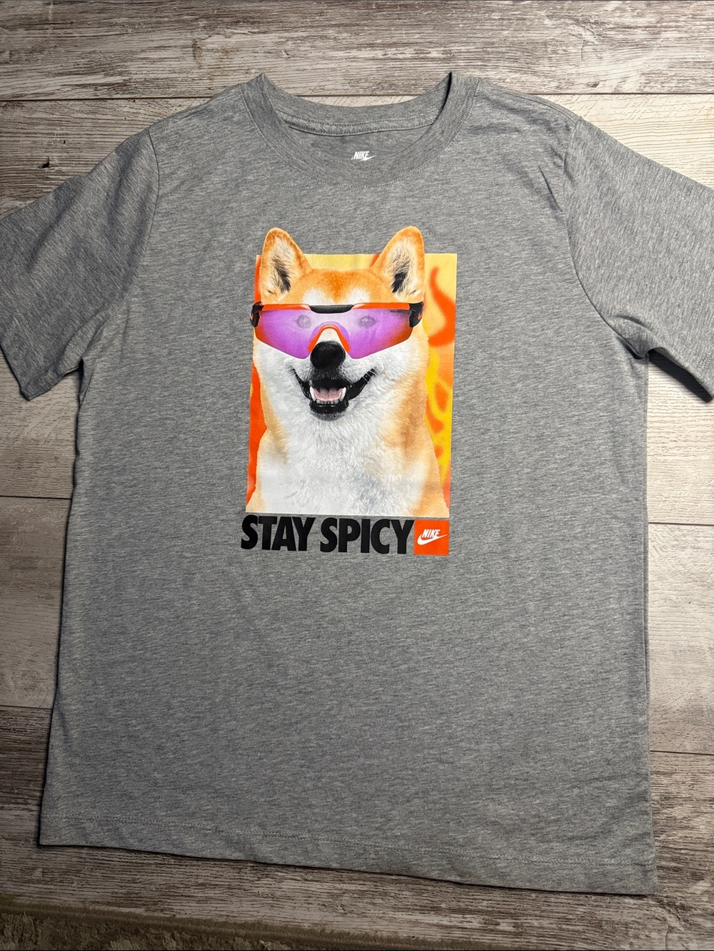 Nike Grey Stay Spocy Tee with Colorful Shiba Inu Graphic New W/O Tag